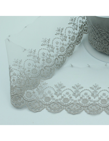 Galon dentelle tulle brodé 95mm x 1m gris clair