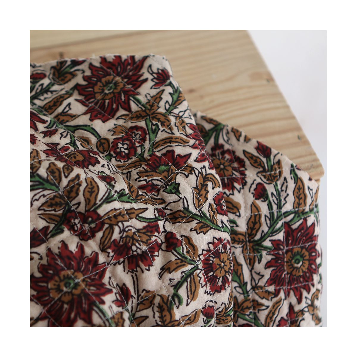 Mira - Tissu indien matelassé double face coton hand block teal largeur 100cm