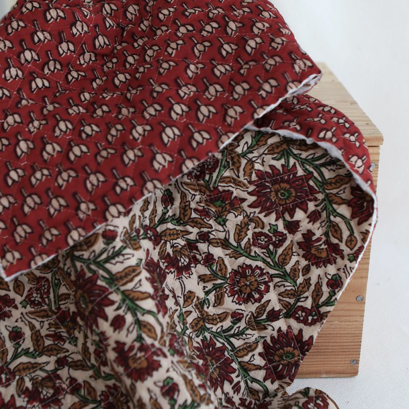 Mira - Tissu indien matelassé double face coton hand block teal largeur 100cm