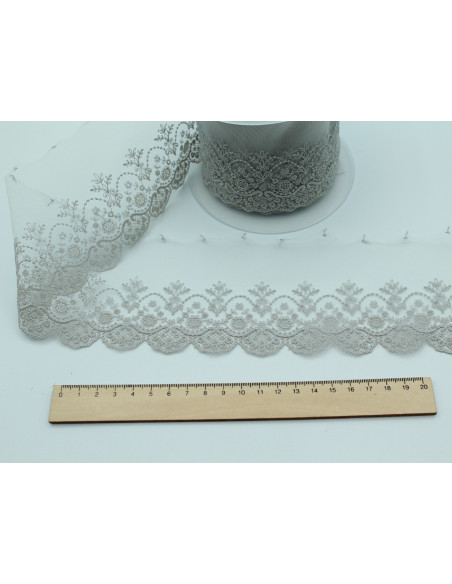 Galon dentelle tulle brodé 95mm x 1m gris clair