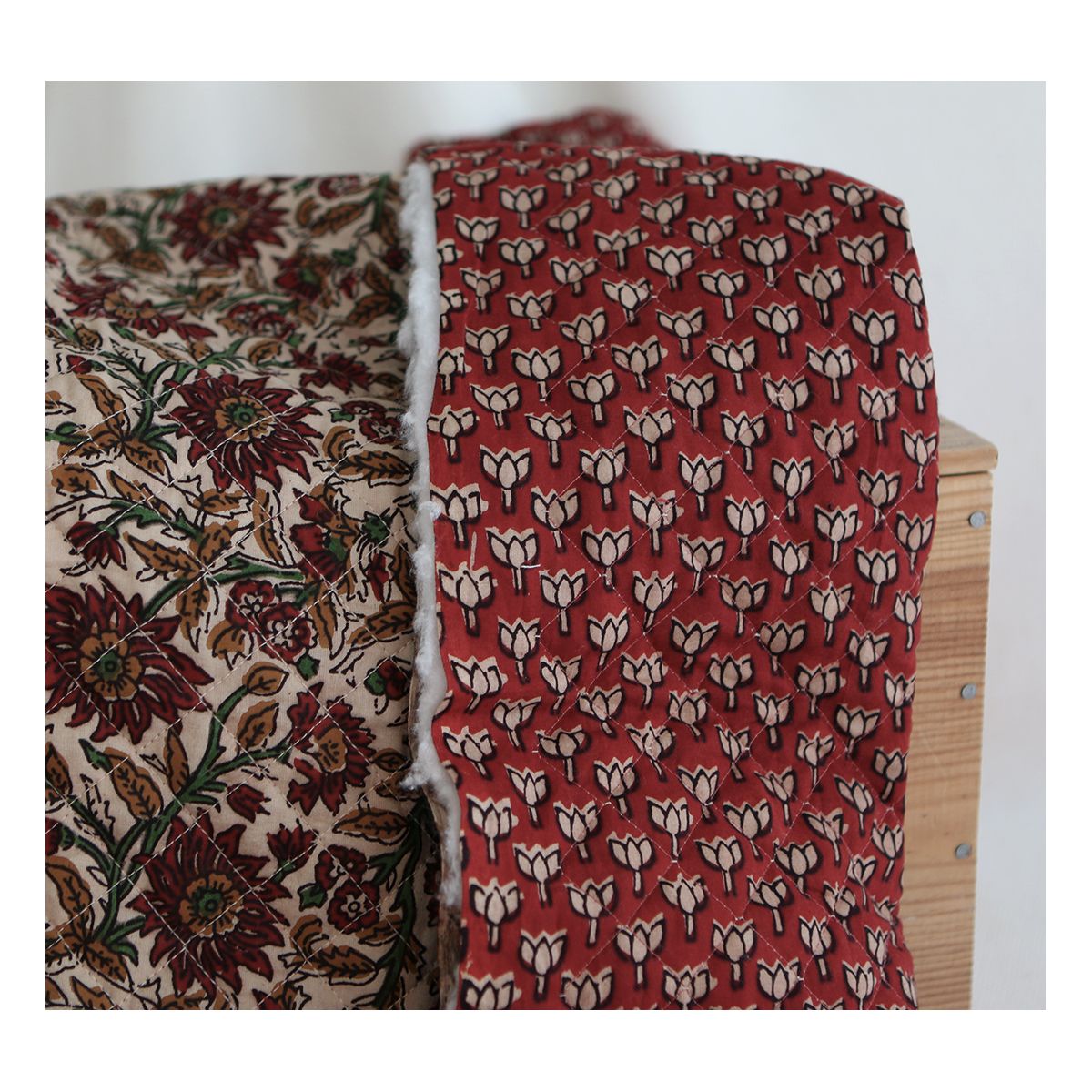 Mira - Tissu indien matelassé double face coton hand block teal largeur 100cm