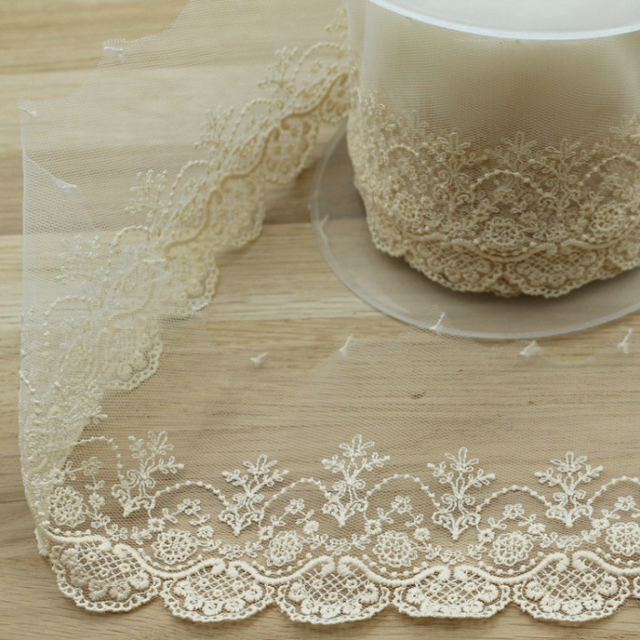 Galon dentelle tulle brodé 95mm x 1m écru