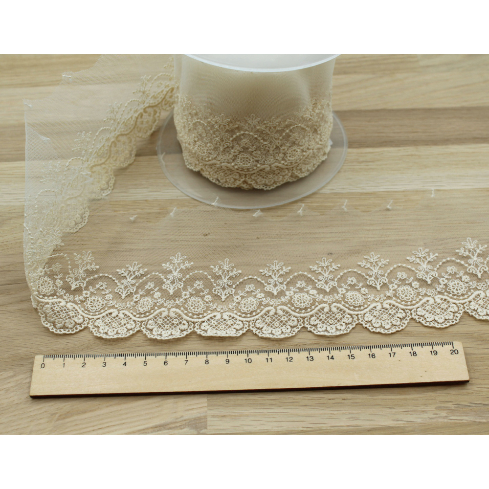 Galon dentelle tulle brodé 95mm x 1m écru