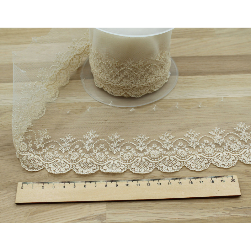 Galon dentelle tulle brodé 95mm x 1m écru