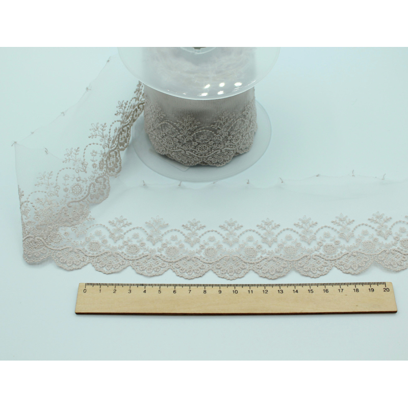 Galon dentelle tulle brodé 95mm x 1m vieux rose grisé