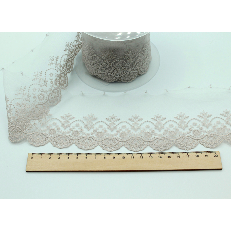 Galon dentelle tulle brodé 95mm x 1m vieux rose grisé