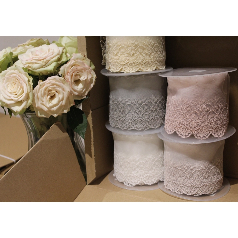 Galon dentelle tulle brodé 95mm x 1m rose poudré