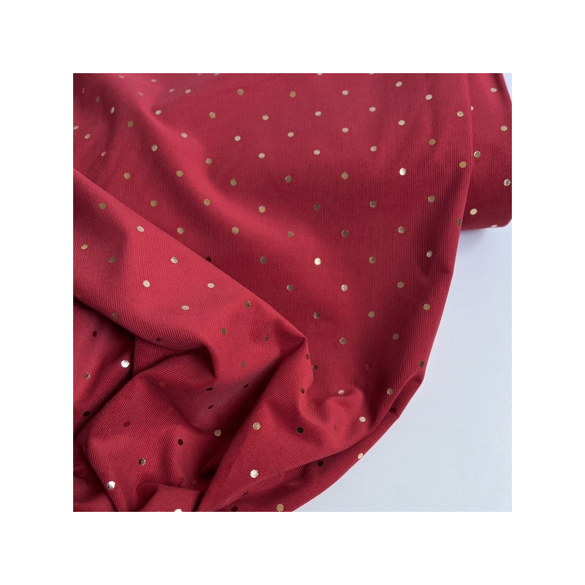 Romane - Velours milleraies coton rouge imprimé pois dorés  - 1