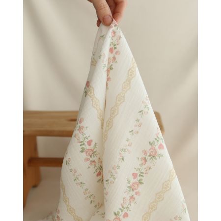 Agatha - Double gaze de coton motif fond blanc motif vert, beige et rose