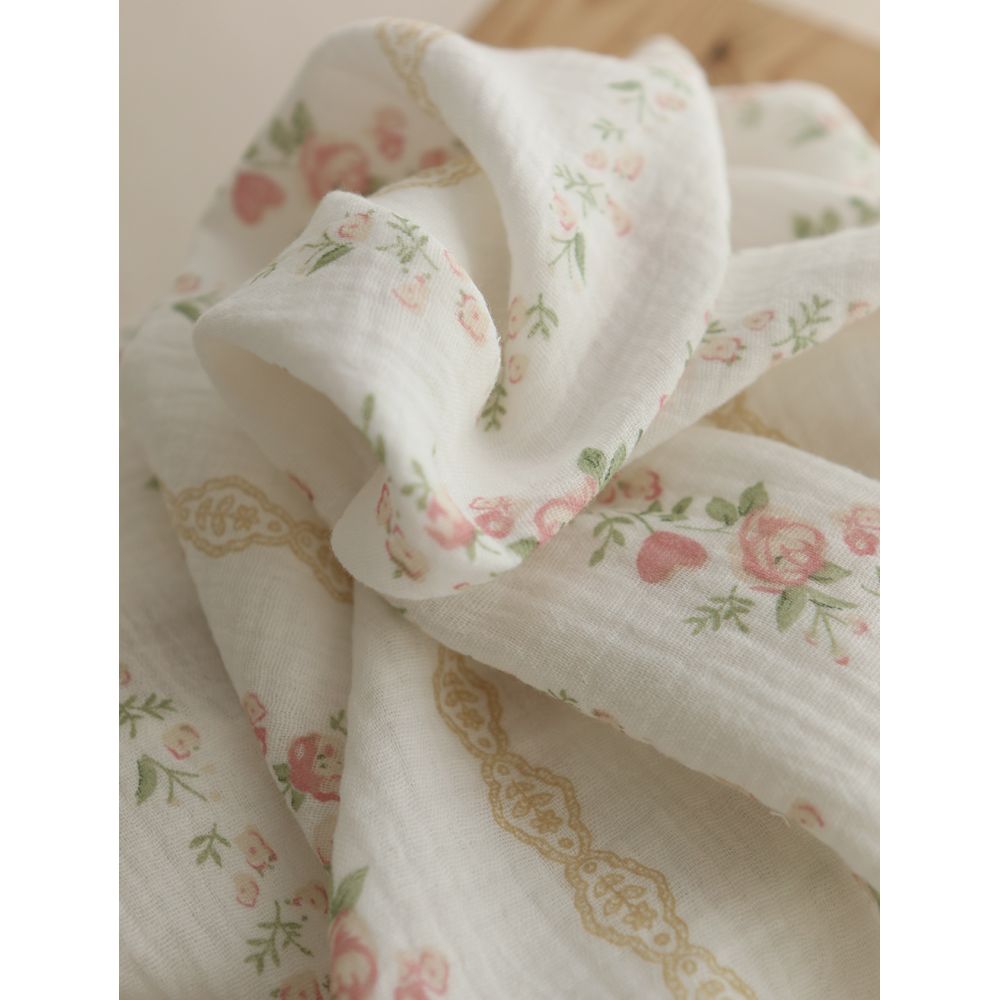 Agatha - Double gaze de coton motif fond blanc motif vert, beige et rose