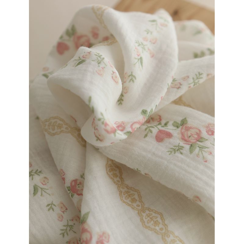 Agatha - Double gaze de coton motif fond blanc motif vert, beige et rose