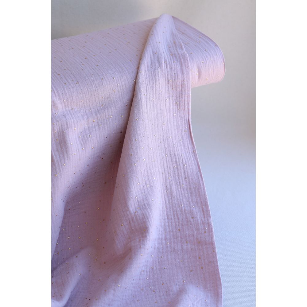Double gaze de coton pois dorés fond vieux rose
