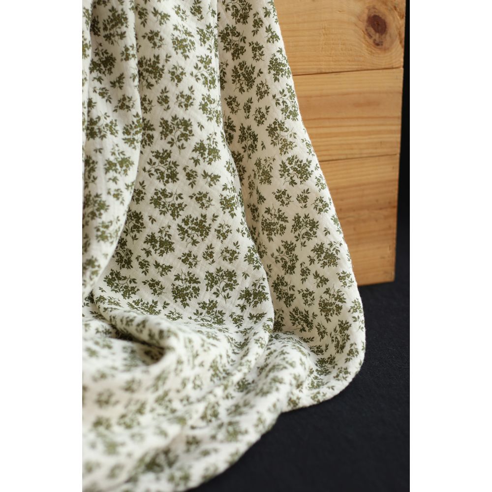 Soumeya - Double gaze coton BIO motif exclusif fond écru vert olive