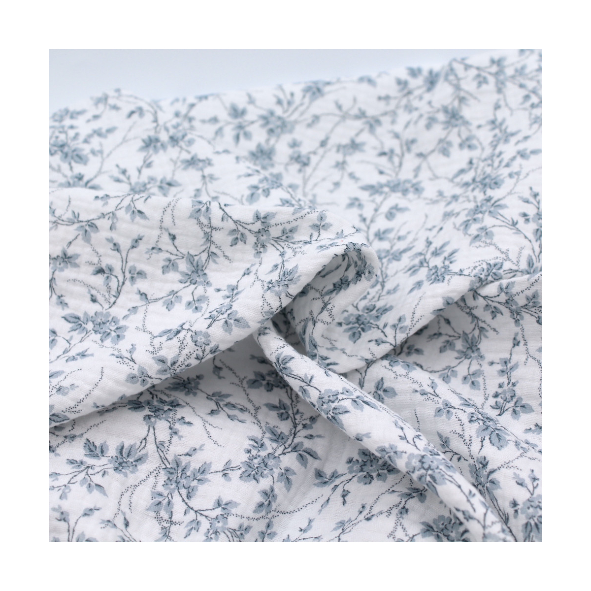 Adele - Double gaze de coton BIO motif fleuri bleu brume