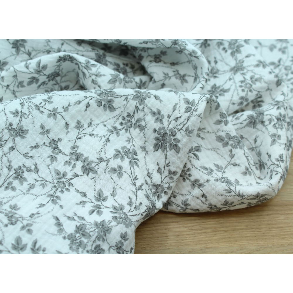 Adele - Double gaze de coton BIO motif fleuri gris