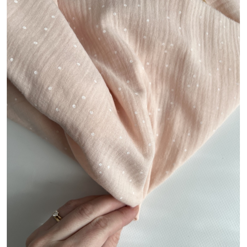 Double gaze de coton coloris rose nude à pois blanc Tissus issus de l'agriculture biologique  - 2
