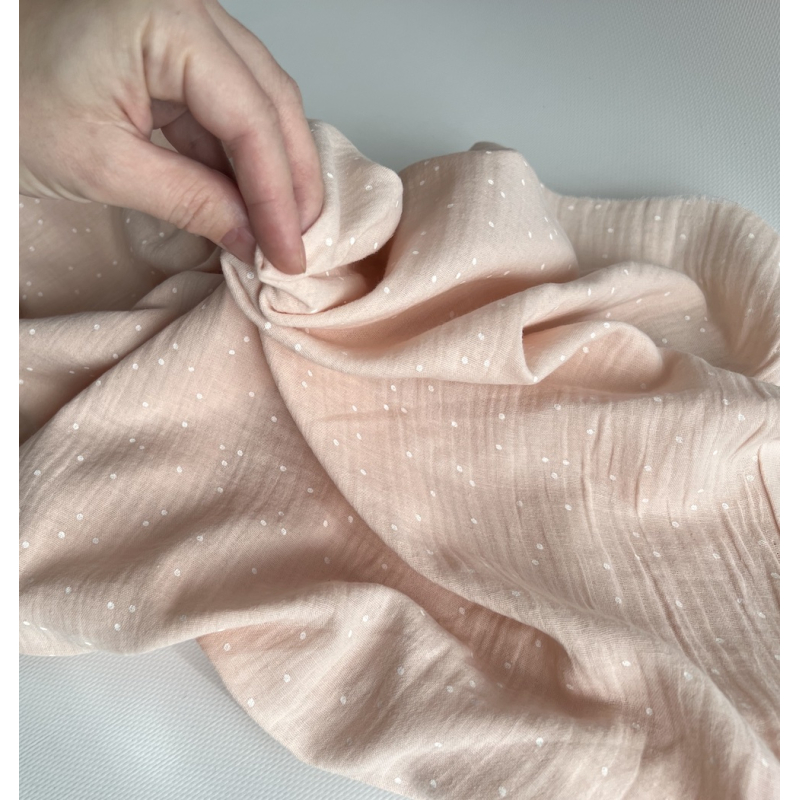 Double gaze de coton coloris rose nude à pois blanc Tissus issus de l'agriculture biologique  - 3