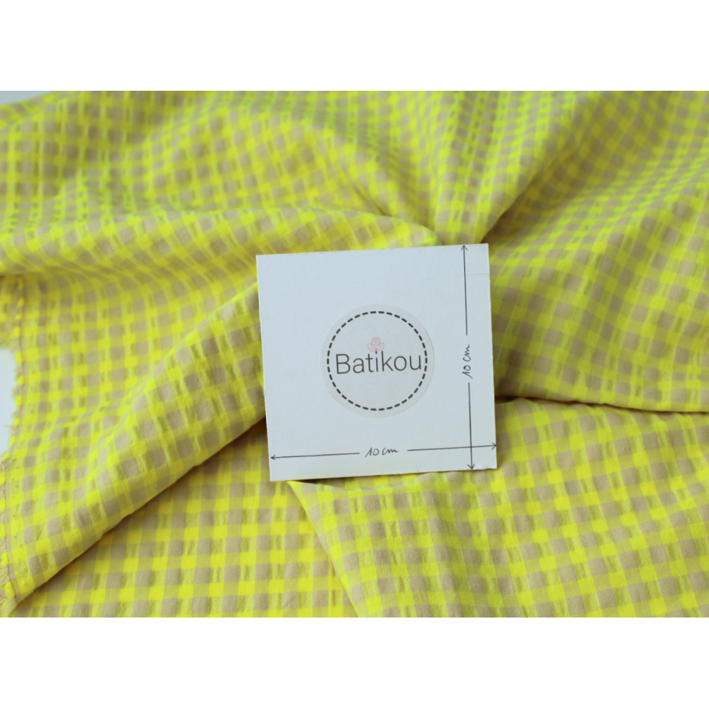 Seersucker / Coton gaufré vichy moyen jaune fluo