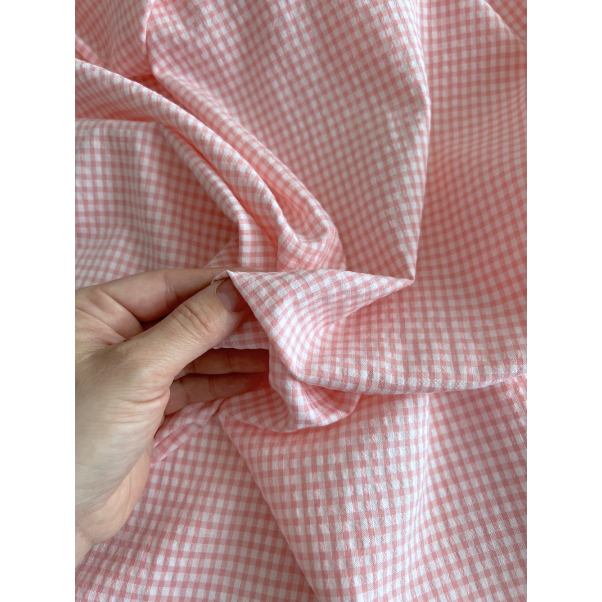 Seersucker / Coton gaufré vichy mini 3mm rose malabar / blanc