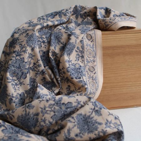 Anjali Bleu - Tissu indien en coton imprimé main Hand Block