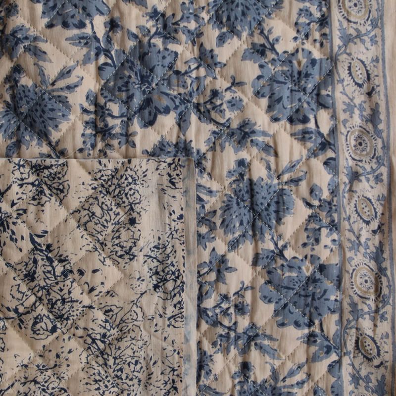 Anjali bleu - Tissu indien matelassé double face coton hand block largeur 100cm