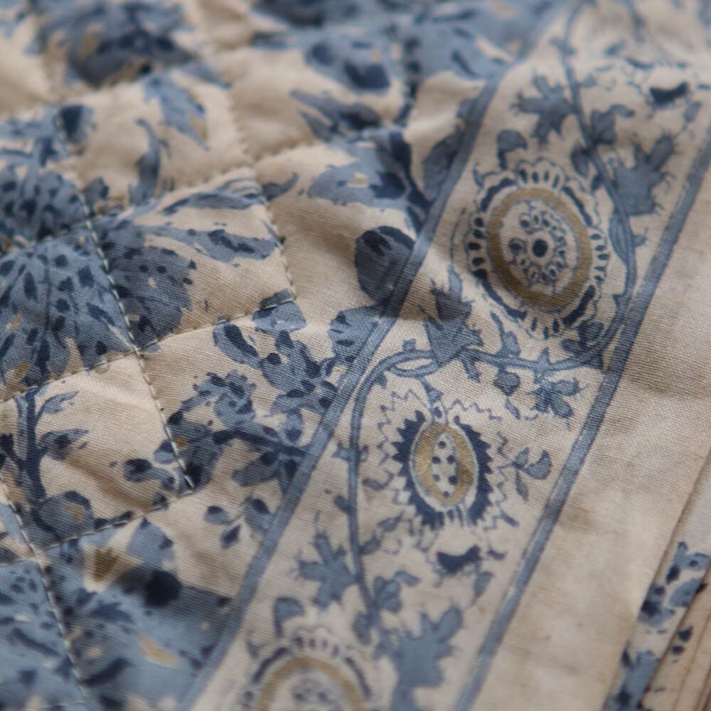 Anjali bleu - Tissu indien matelassé double face coton hand block largeur 100cm