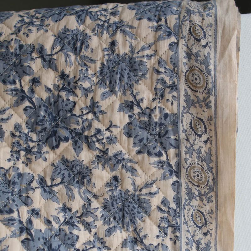 Anjali bleu - Tissu indien matelassé double face coton hand block largeur 100cm