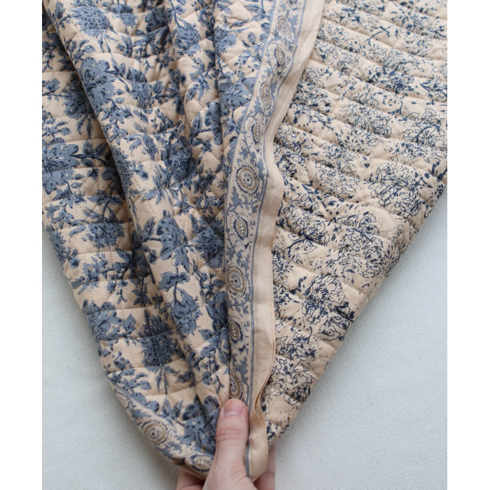 Anjali bleu - Tissu indien matelassé double face coton hand block largeur 100cm