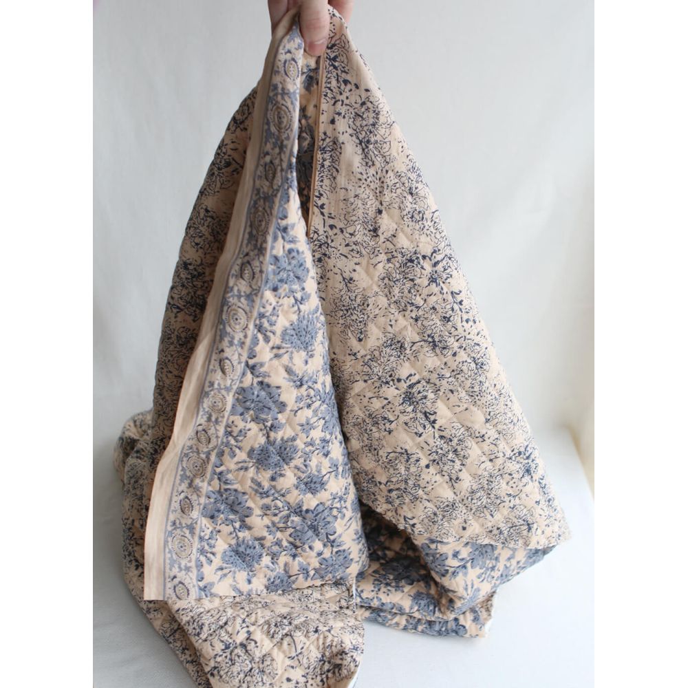 Anjali bleu - Tissu indien matelassé double face coton hand block largeur 100cm
