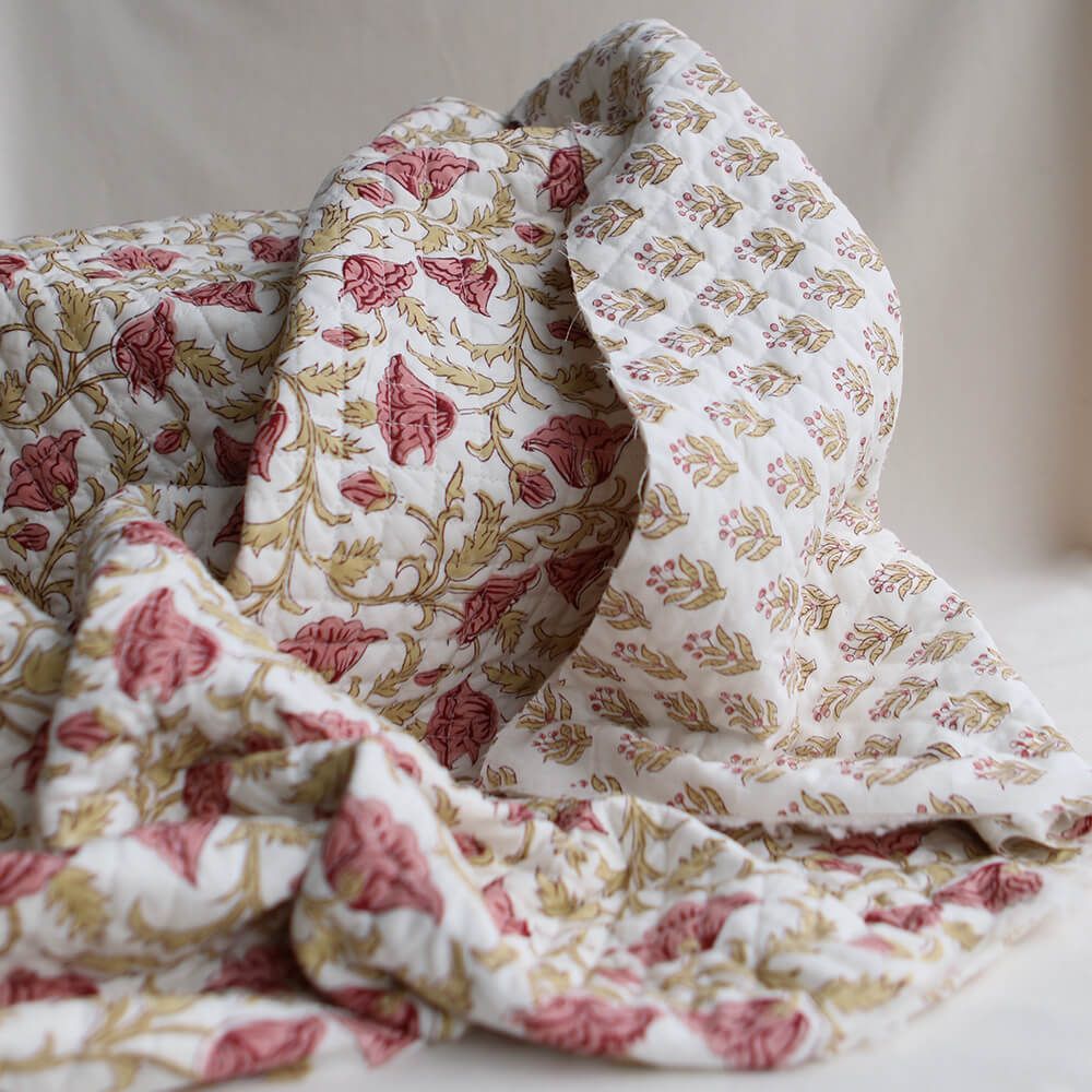 Madhavi - Tissu indien matelassé double face coton hand block largeur 100cm