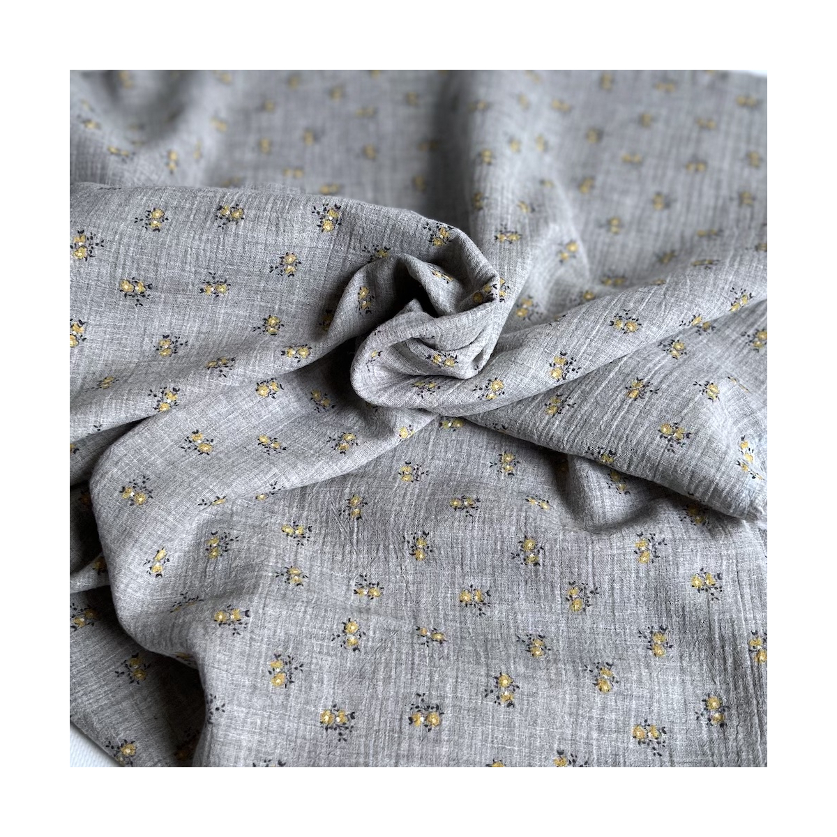 IDA - Double gaze de coton BIO chiné coloris gris fleuri Tissus issus de l'agriculture biologique  - 1