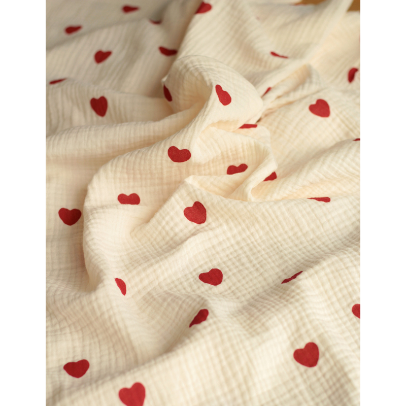 Manou - Double gaze de coton BIO exclusif écru à motif coeurs Tissus issus de l'agriculture biologique  - 3