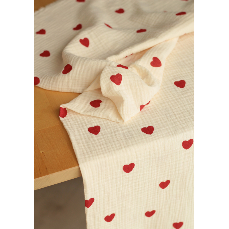 Manou - Double gaze de coton BIO exclusif écru à motif coeurs Tissus issus de l'agriculture biologique  - 8