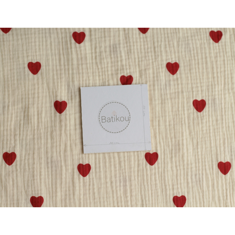 Manou - Double gaze de coton BIO exclusif écru à motif coeurs Tissus issus de l'agriculture biologique  - 10