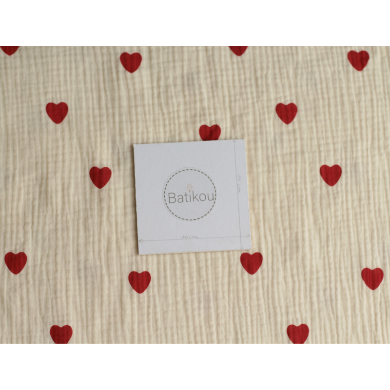 Manou - Double gaze de coton BIO exclusif écru à motif coeurs Tissus issus de l'agriculture biologique  - 10