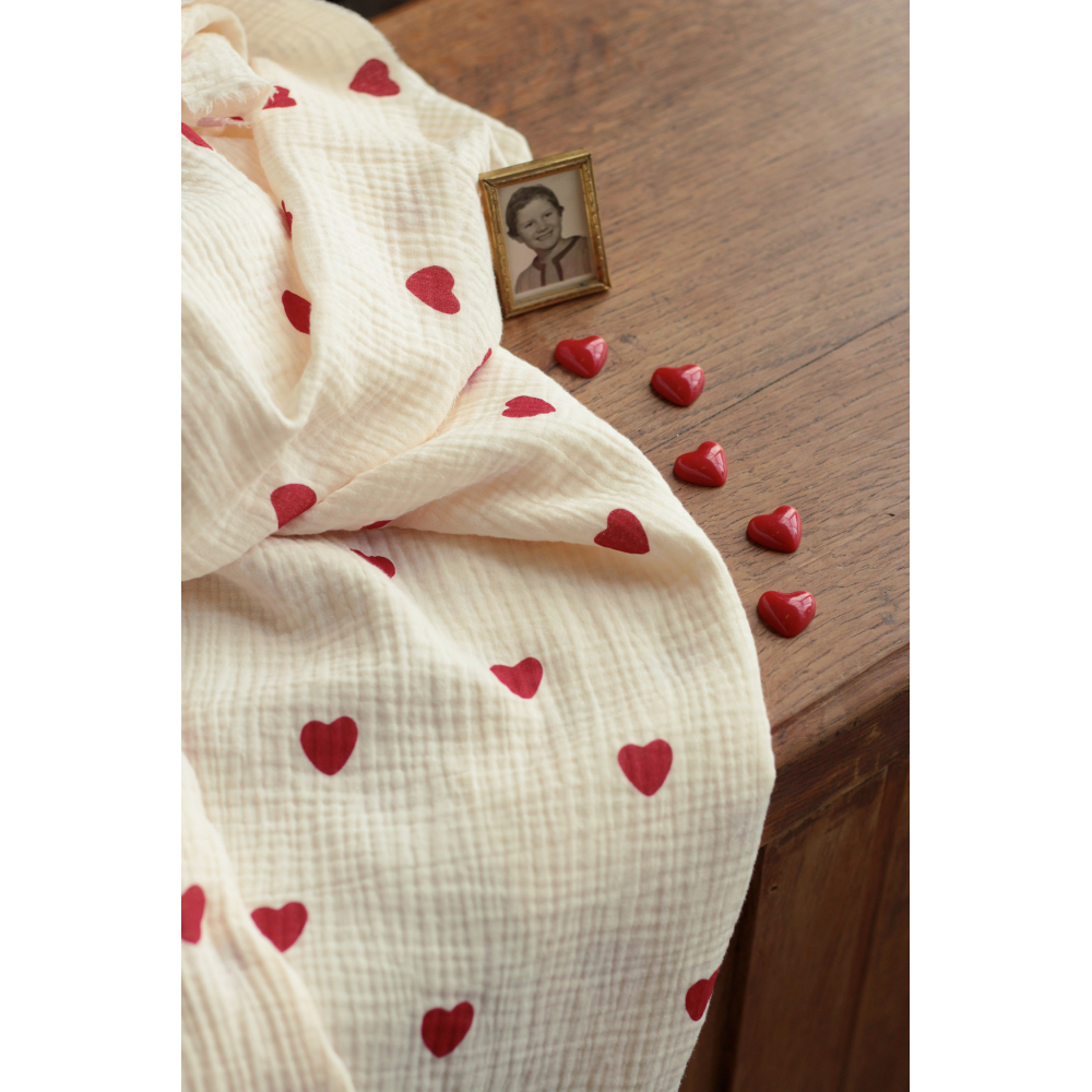 Manou - Double gaze de coton BIO exclusif écru à motif coeurs Tissus issus de l'agriculture biologique  - 15