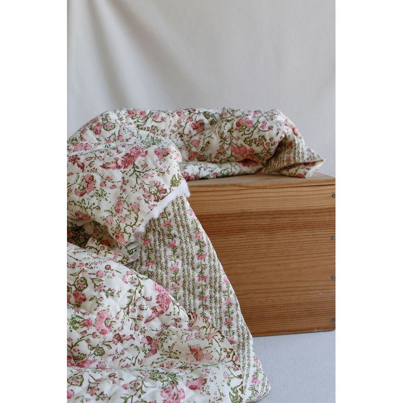 Karishma rose - Tissu indien matelassé double face coton hand block largeur 100cm