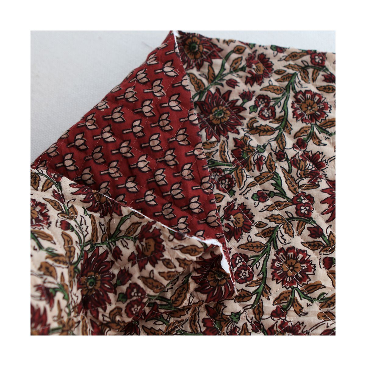 Mira - Tissu indien matelassé double face coton hand block teal largeur 100cm