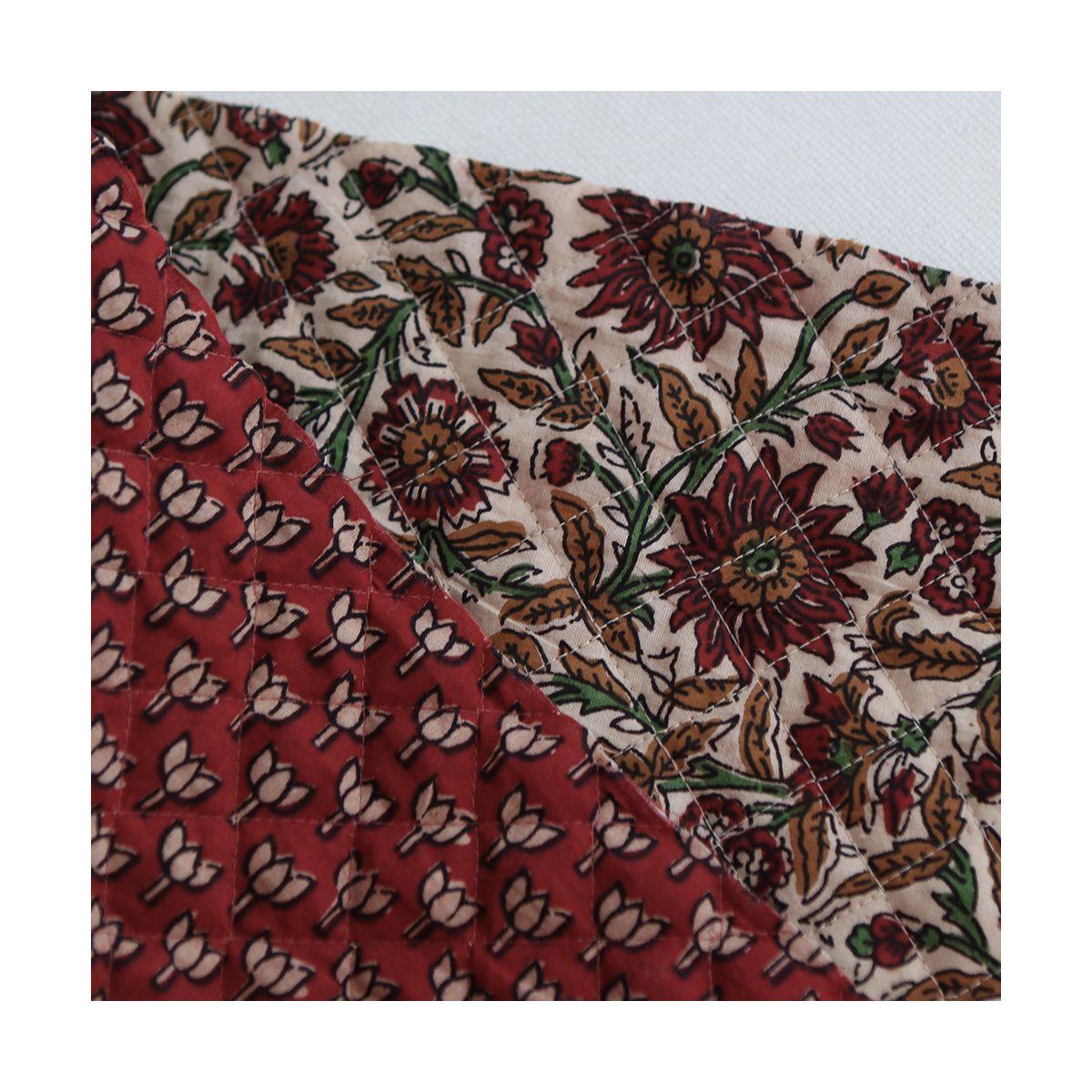 Mira - Tissu indien matelassé double face coton hand block teal largeur 100cm