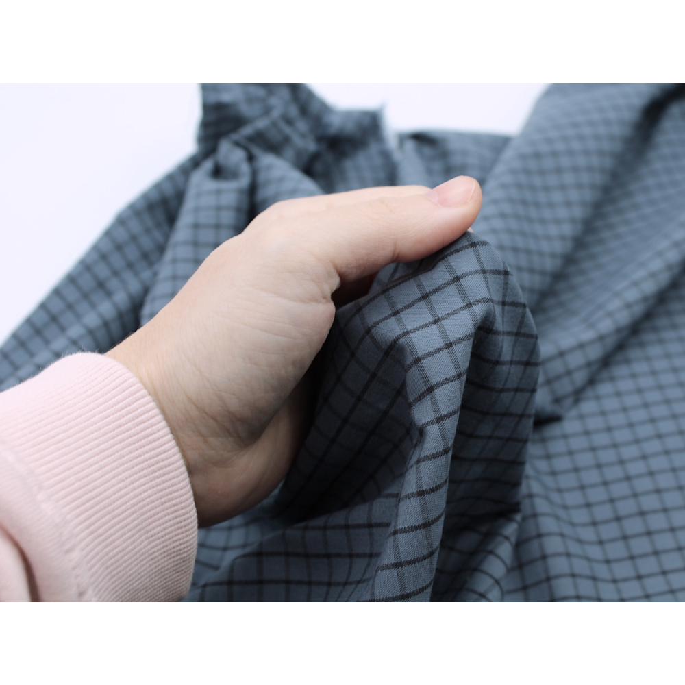 Popeline de coton tissé carreaux bleu jean chiné