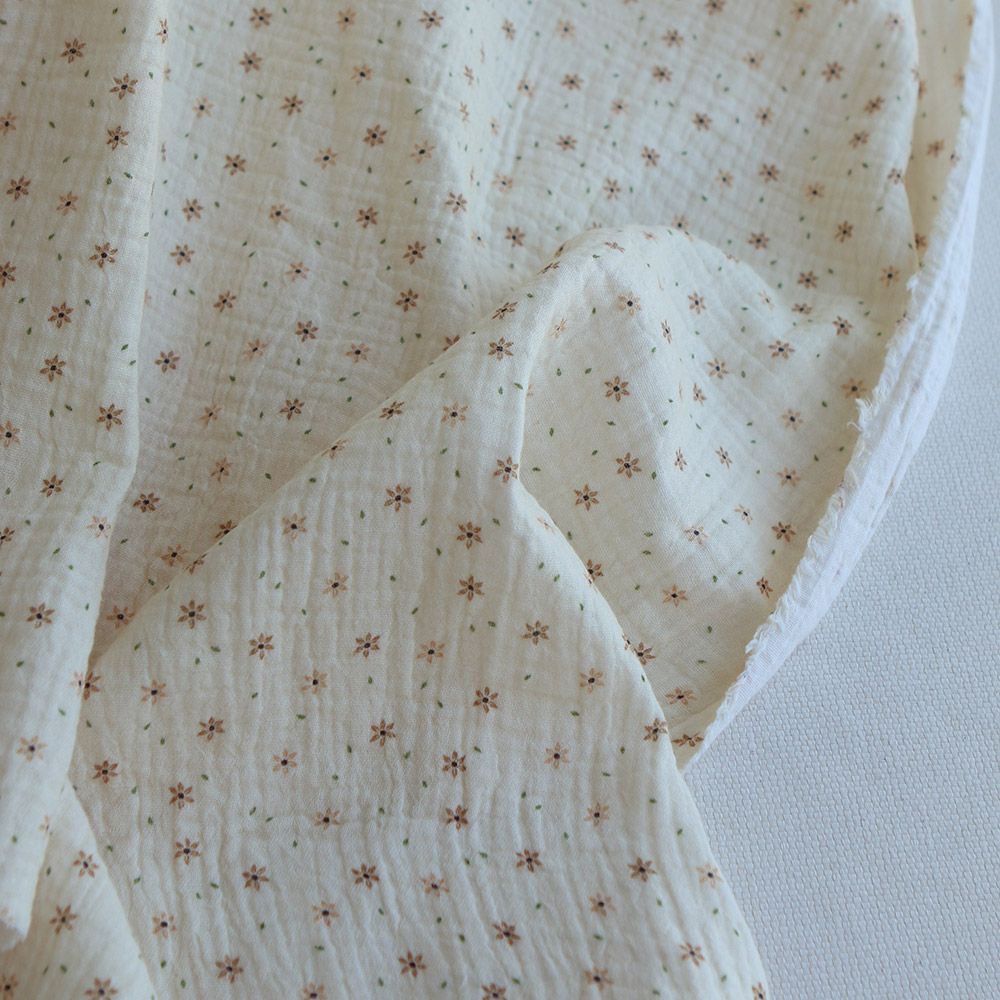 Double gaze de coton imprimé petites fleurs fond écru
