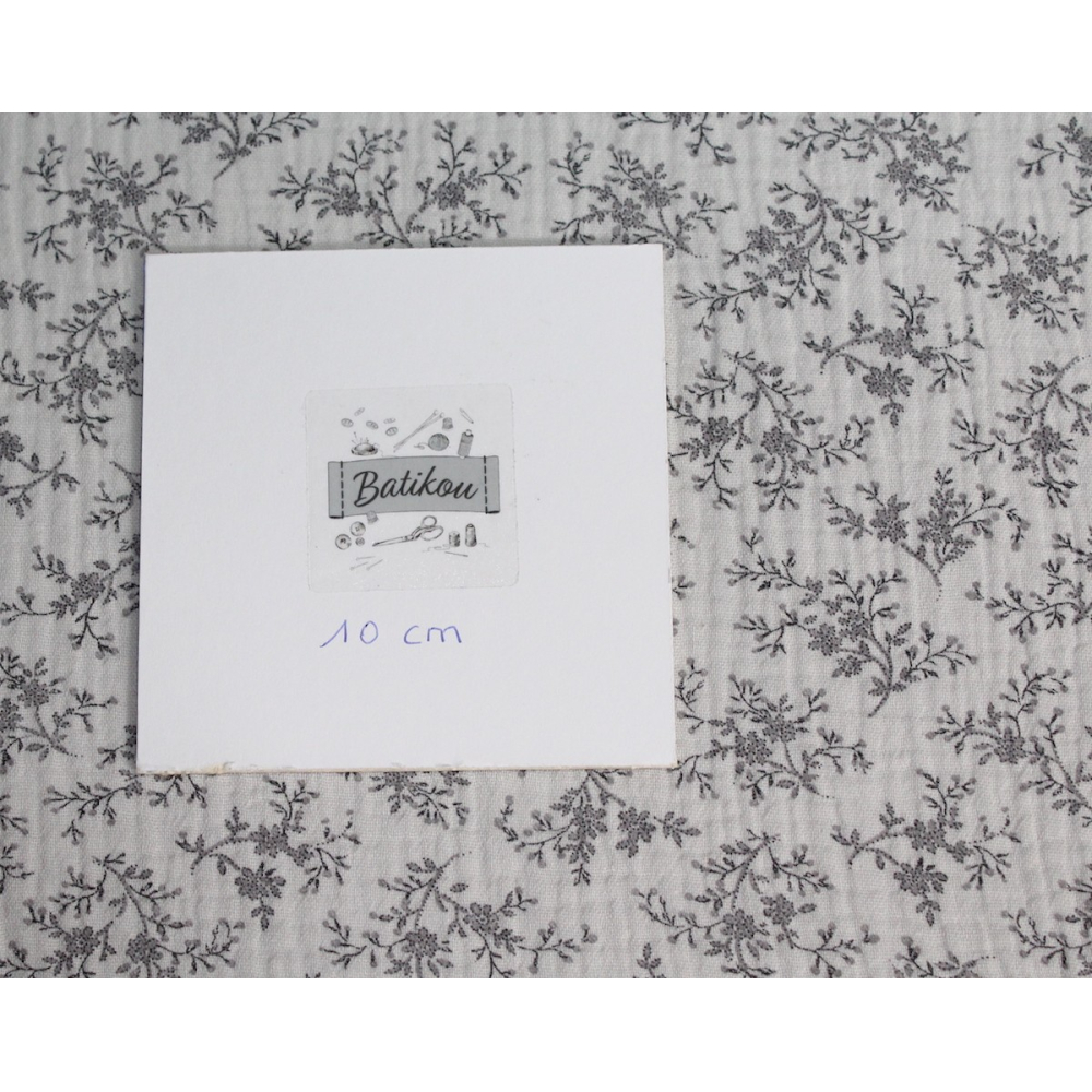 Meriem - Double gaze de coton BIO gris à motifs fleuris