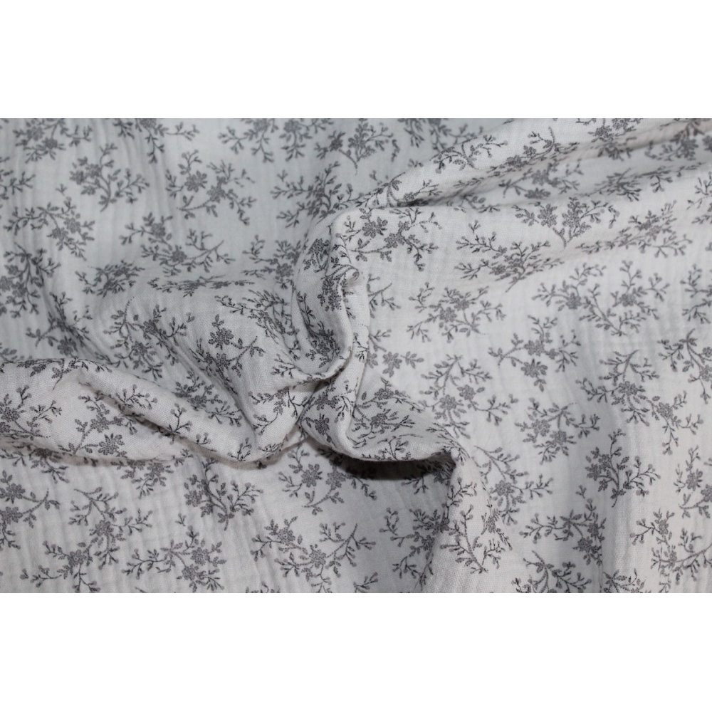 Meriem - Double gaze de coton BIO gris à motifs fleuris