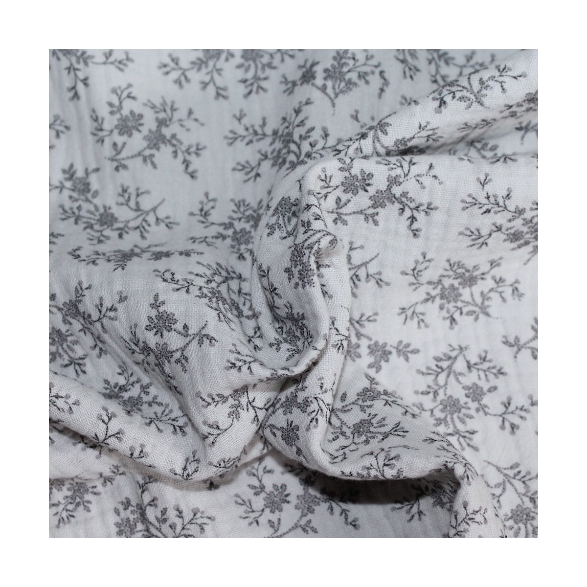 Meriem - Double gaze de coton BIO gris à motifs fleuris