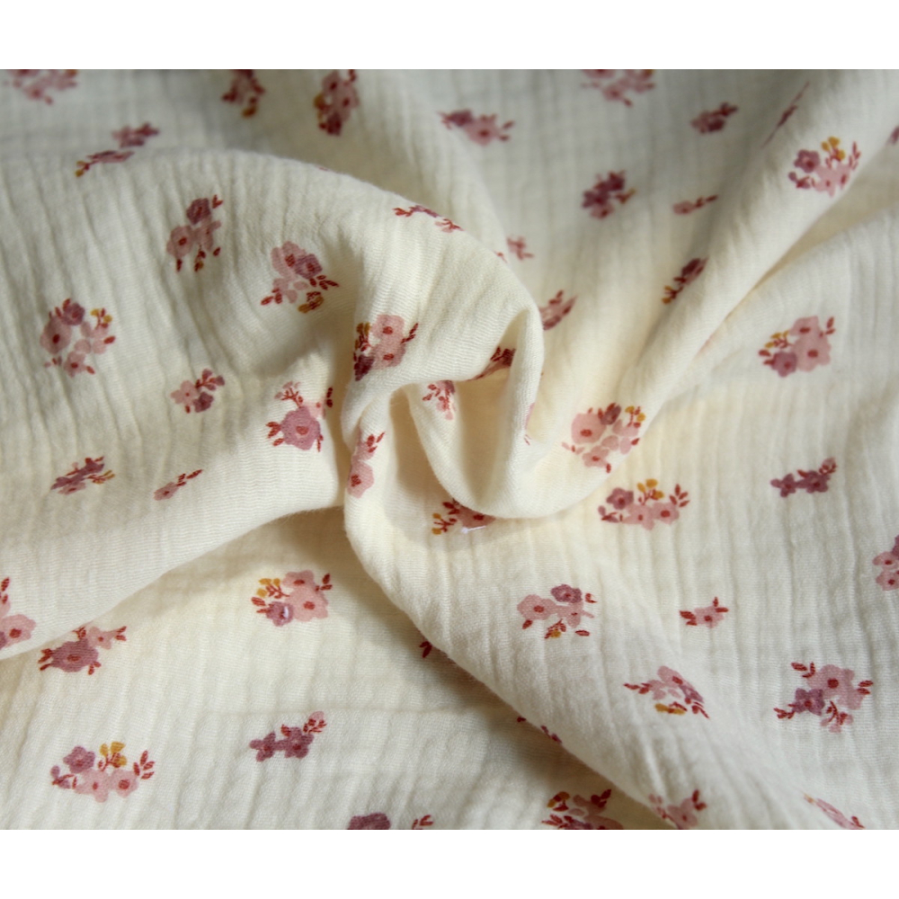 Double gaze de coton Hope écru motifs fleuris