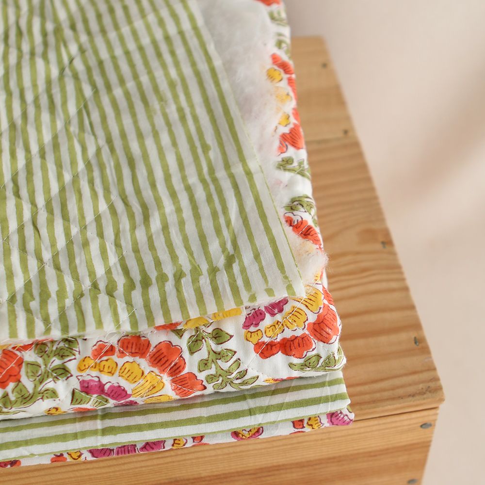 Rayures vert - Tissu indien coton hand block traditionnel