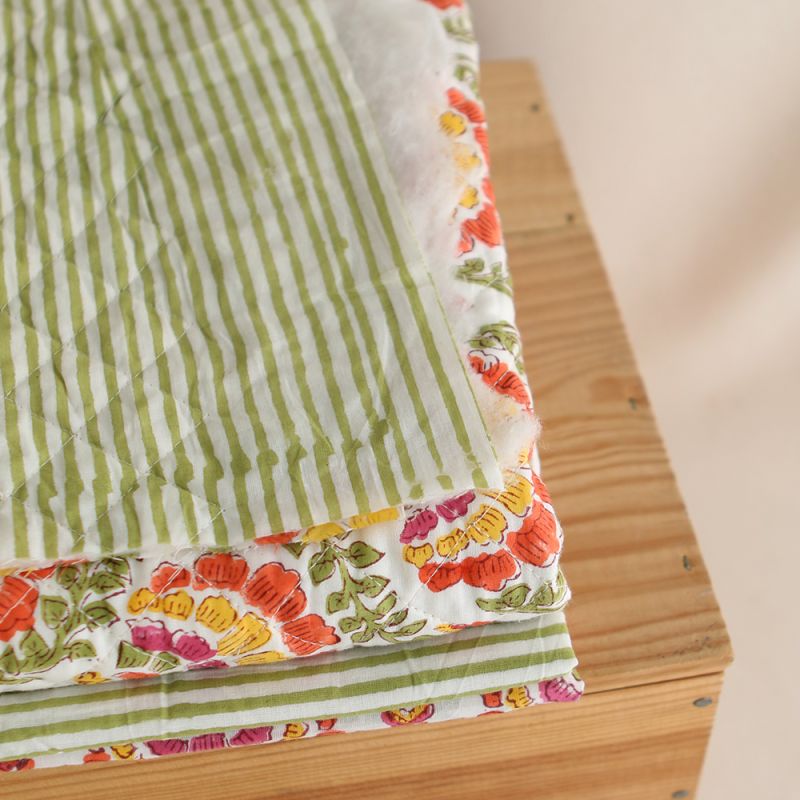 Rayures vert - Tissu indien coton hand block traditionnel