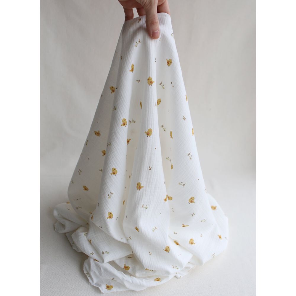 Carlito - Double gaze de coton motif fond blanc motif poussin