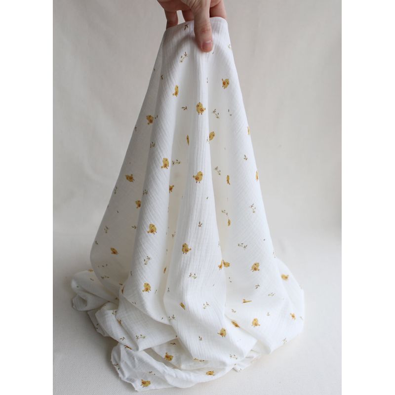 Carlito - Double gaze de coton motif fond blanc motif poussin