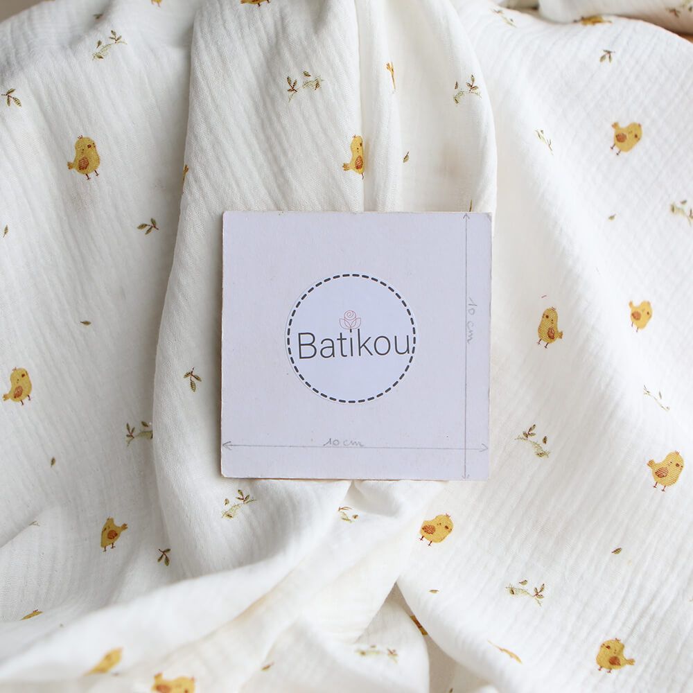 Carlito - Double gaze de coton motif fond blanc motif poussin